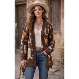 Entro Shimmer Western Print Open Front Soft Cardigan Brown Size Large